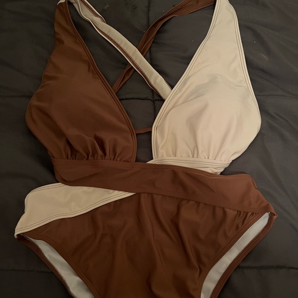 Brown and cream bathing suit. - Picture 2 of 2